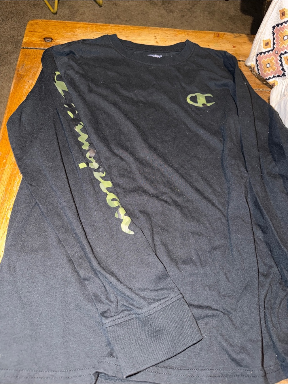 Champion Black Long Sleeve Tee with Olive Logo and Sleeve Script